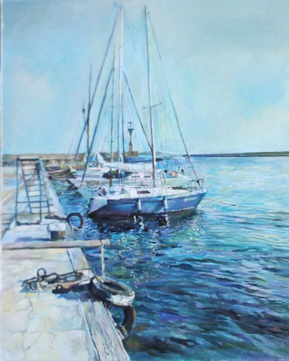 Painting titled "Seascape in blue" by George Mirinchev, Original Artwork, Oil