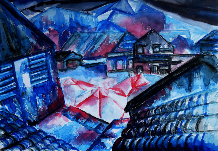 Malerei mit dem Titel "Warmer Regen - Aqua…" von Quynh Dao Le Vinh, Original-Kunstwerk, Aquarell