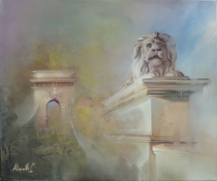 Painting titled "Széchenyi híd" by László Németh, Original Artwork, Oil