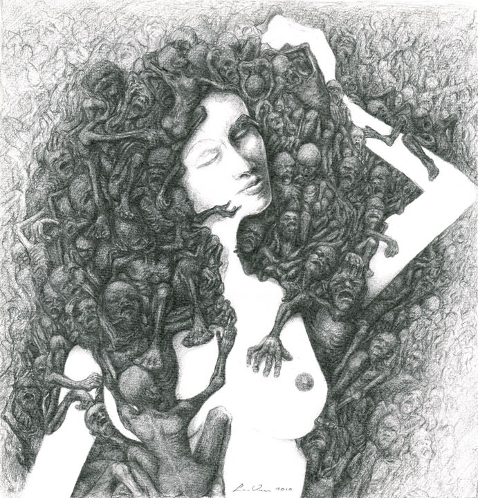 Disegno intitolato "Beautiful hair" da Lex Veen, Opera d'arte originale, Matita