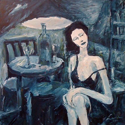 Schilderij getiteld "Woman with bottle" door Lex Veen, Origineel Kunstwerk, Olie