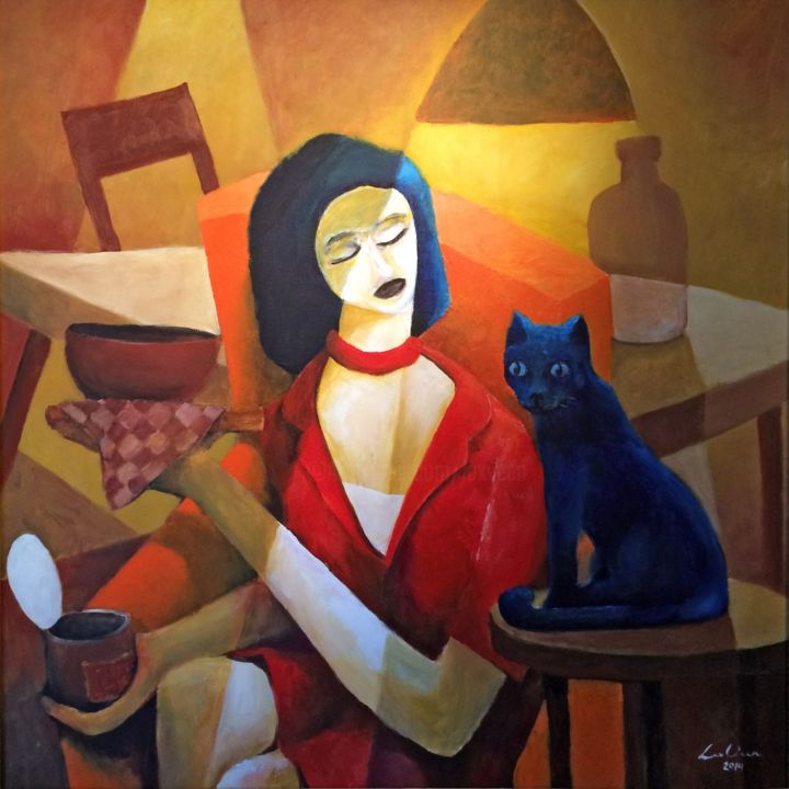 Peinture intitulée "Woman feeding cat" par Lex Veen, Œuvre d'art originale