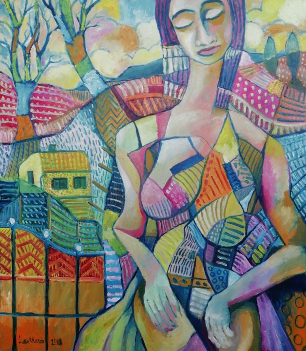 Painting titled "Woman in landscape" by Lex Veen, Original Artwork, Oil
