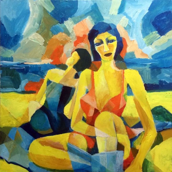 Schilderij getiteld "Sunset at the beach" door Lex Veen, Origineel Kunstwerk