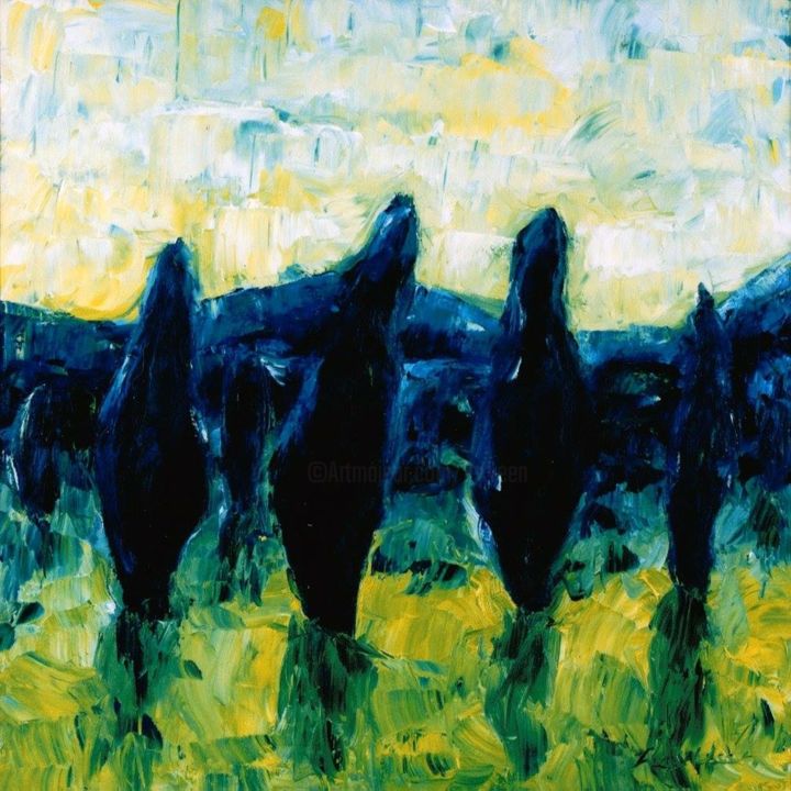 Schilderij getiteld "Les menhirs" door Lex Veen, Origineel Kunstwerk, Olie