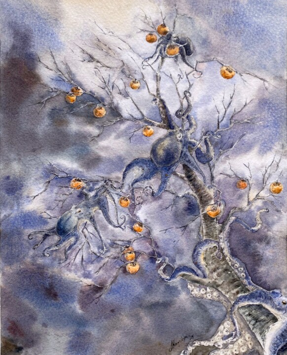 Painting titled "Harvesting (persimm…" by Leyla Kamliya, Original Artwork, Watercolor