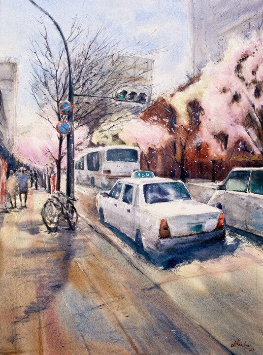 Painting titled "Spring traffic" by Leyla Kamliya, Original Artwork, Watercolor