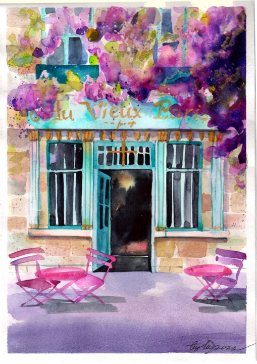 Painting titled ""Paris cafe"" by Leyla Zhunus, Original Artwork, Watercolor