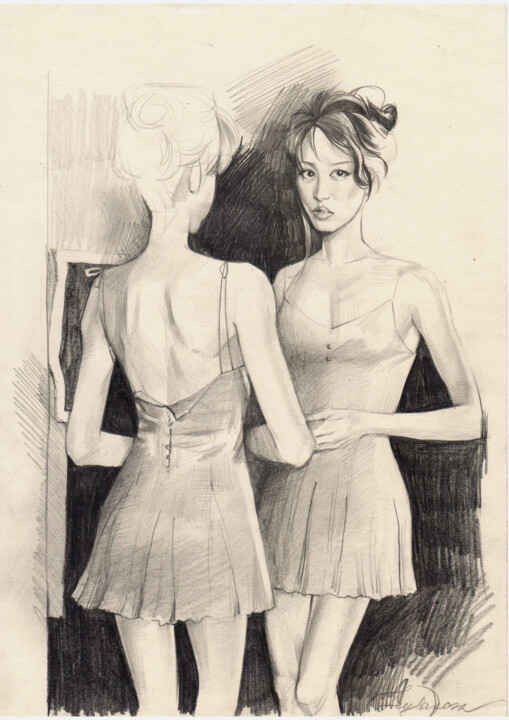 Pintura titulada ""Woman & Mirror"" por Leyla Zhunus, Obra de arte original, Grafito