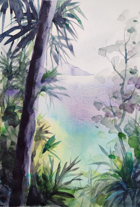 Painting titled ""Island Enchantment…" by Leyla Zhunus, Original Artwork, Watercolor