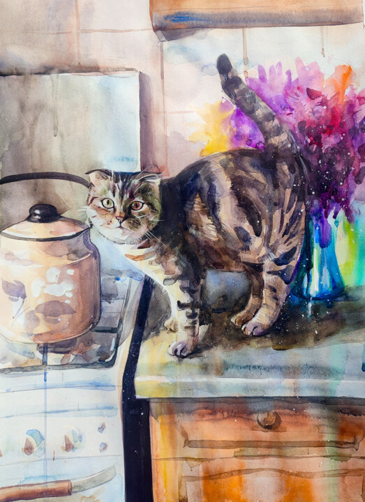 Painting titled "Breakfast with a Cat" by Leyla Zhunus, Original Artwork, Watercolor