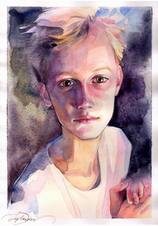Painting titled ""Boy and light"" by Leyla Zhunus, Original Artwork, Watercolor