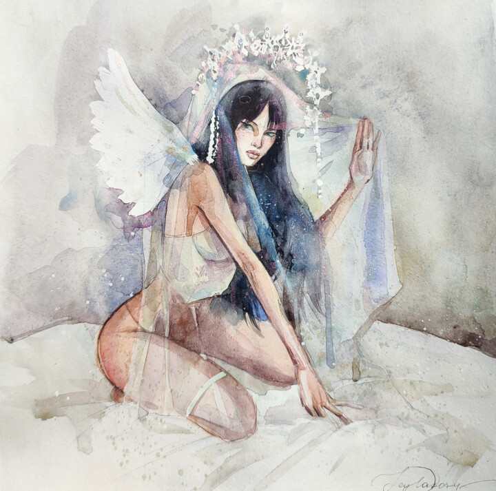 Painting titled "Veil" by Leyla Zhunus, Original Artwork, Watercolor