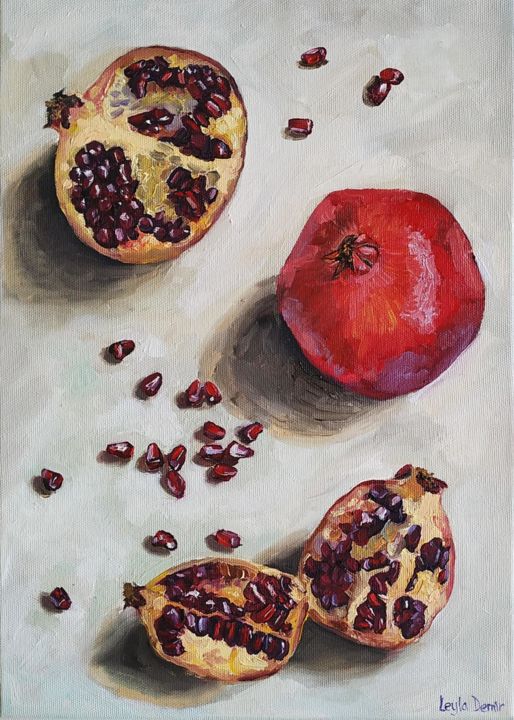 Painting titled "Pomegranate fruit s…" by Leyla Demir, Original Artwork, Oil