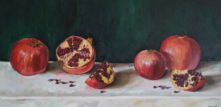 Painting titled "Red pomegranates oi…" by Leyla Demir, Original Artwork, Oil