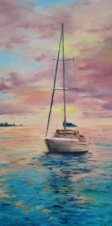 Painting titled "Sailing boat origin…" by Leyla Demir, Original Artwork, Oil