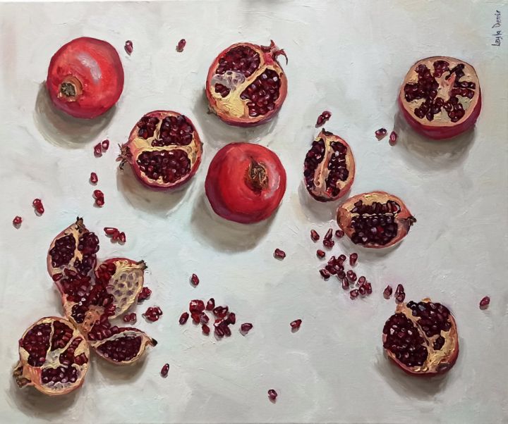Pittura intitolato "Pomegranate modern…" da Leyla Demir, Opera d'arte originale, Olio Montato su Telaio per barella in legno