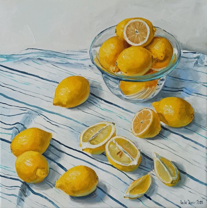 Malerei mit dem Titel "Lemon fruit still l…" von Leyla Demir, Original-Kunstwerk, Öl Auf Keilrahmen aus Holz montiert