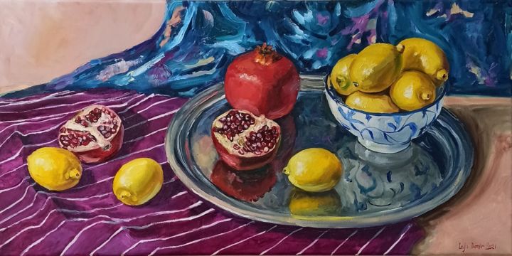 Peinture intitulée "Pomegranate and lem…" par Leyla Demir, Œuvre d'art originale, Huile Monté sur Châssis en bois