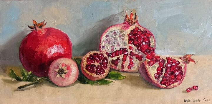 Painting titled "Pomegranate modern…" by Leyla Demir, Original Artwork, Oil Mounted on Wood Stretcher frame