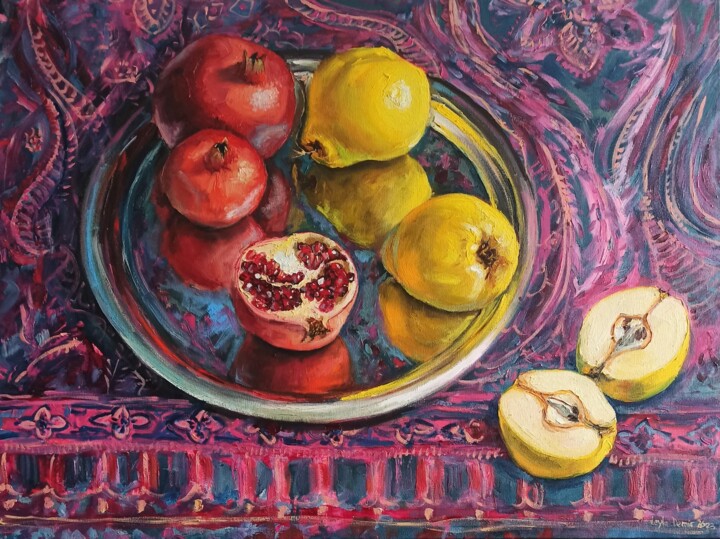 Painting titled "Pomegranate on meta…" by Leyla Demir, Original Artwork, Oil Mounted on Wood Stretcher frame