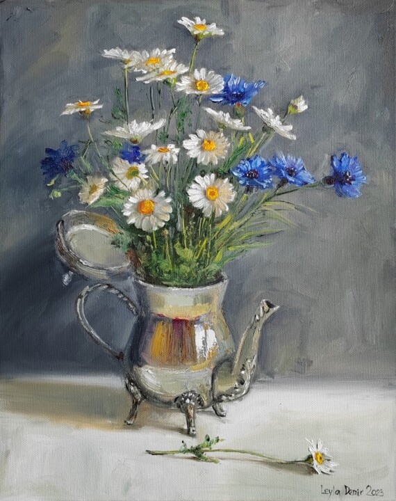 Painting titled "Chamomile and cornf…" by Leyla Demir, Original Artwork, Oil Mounted on Wood Stretcher frame
