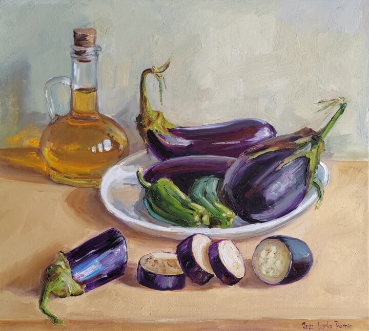 Malarstwo zatytułowany „Blue Eggplant Veget…” autorstwa Leyla Demir, Oryginalna praca, Olej Zamontowany na Drewniana rama no…