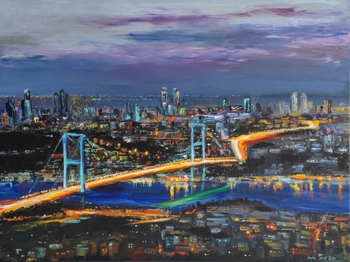 Painting titled "Istanbul at night" by Leyla Demir, Original Artwork, Oil Mounted on Wood Stretcher frame