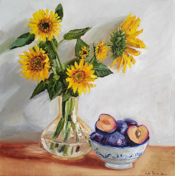 Painting titled "Sunflowers in a Vase" by Leyla Demir, Original Artwork, Oil Mounted on Wood Stretcher frame