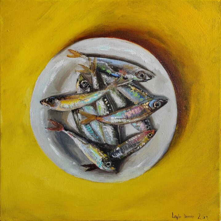 Painting titled "Fish still life Hor…" by Leyla Demir, Original Artwork, Oil Mounted on Wood Stretcher frame