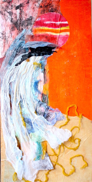 Pintura titulada "CROISSANT BLEU" por Leylane Ferret, Obra de arte original, Collages Montado en Panel de madera