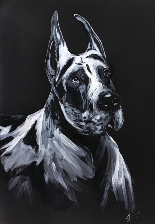 Painting titled "Great Dane in Black" by Leysan Khasanova, Original Artwork, Watercolor