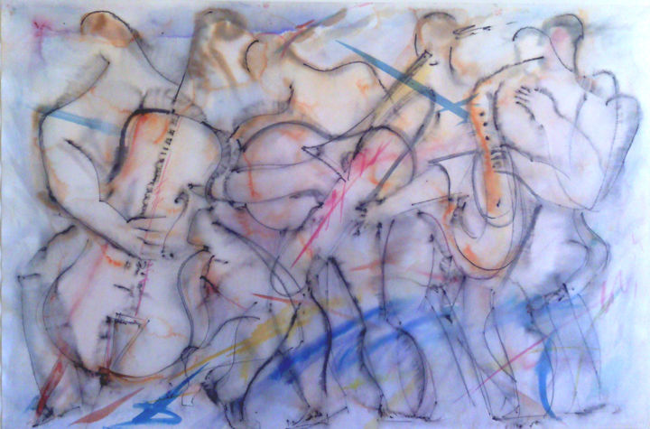 Schilderij getiteld "Orchestra-2" door Lezer Manole, Origineel Kunstwerk, Aquarel