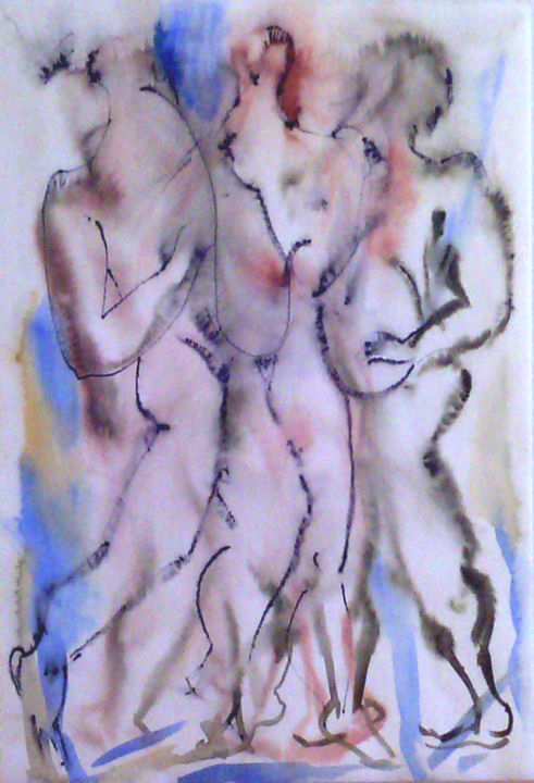 Painting titled "Competition" by Lezer Manole, Original Artwork, Watercolor