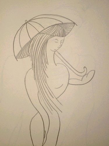 Drawing titled "La femme au paraplu…" by L. F. Q. B. (Le Feu Qui Brule), Original Artwork, Pencil