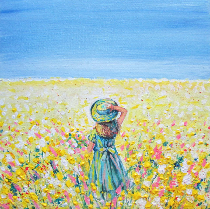 Painting titled "Girl in a hat with…" by Galina Lyutaeva, Original Artwork, Acrylic