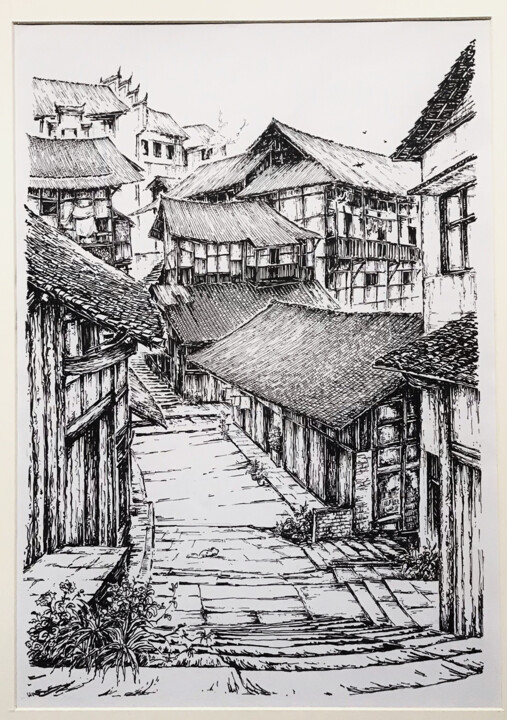 Malerei mit dem Titel "福宝古镇" von Li Han Lin, Original-Kunstwerk, Tinte