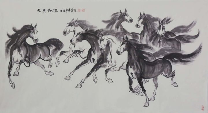 Painting titled "李霖 第一组九幅作品 04：天马吉祥" by Lin Li Li Lin, Original Artwork, Ink