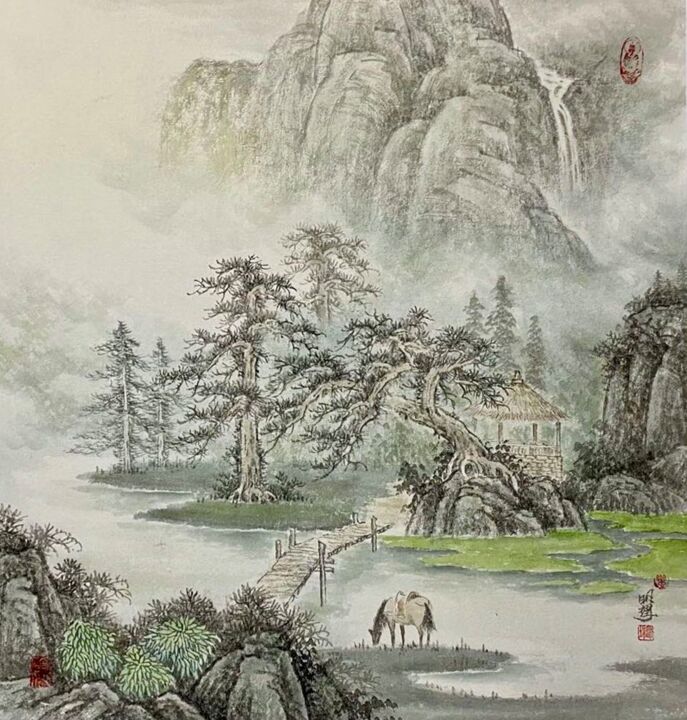Drawing titled "中国画四季山水系列：春" by Li Ming, Original Artwork, Pigments