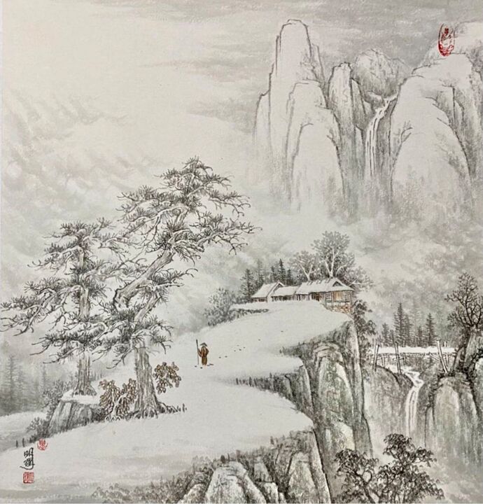 Tekening getiteld "中国画四季山水系列：冬" door Li Ming, Origineel Kunstwerk, pigmenten