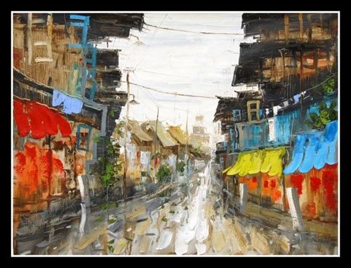Peinture intitulée "Grote winkelstraat." par Li Wen Zin, Œuvre d'art originale, Huile