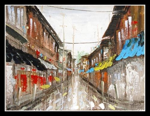 Painting titled "Kleine winkelstraat." by Li Wen Zin, Original Artwork, Oil