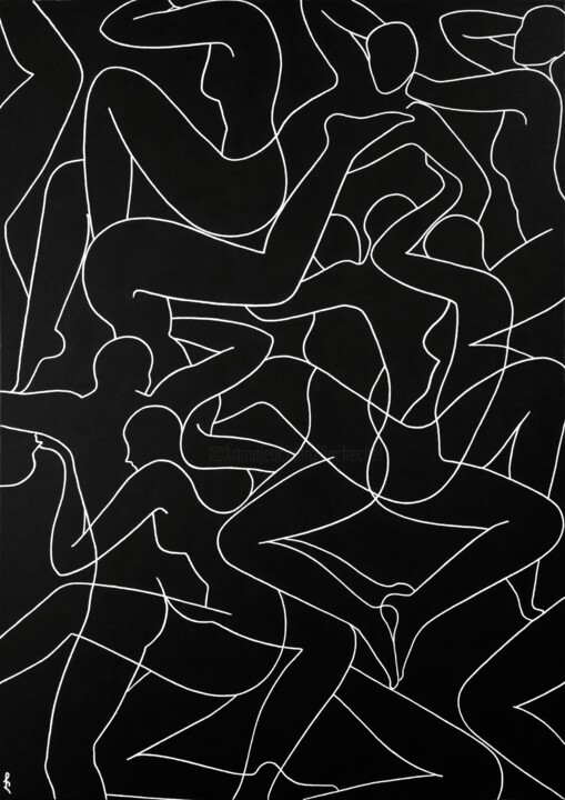 Tekening getiteld "Interactions" door Lia Chechelashvili, Origineel Kunstwerk, Marker Gemonteerd op Frame voor houten branca…