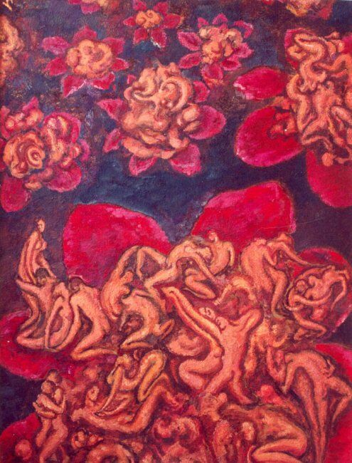 Painting titled "Red flowers" by Lia Chechelashvili, Original Artwork, Oil