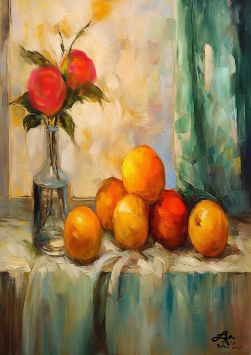 Arte digital titulada "Naranjas en verde" por Lia, Obra de arte original, Pintura Digital