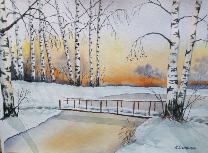 Malerei mit dem Titel "Первый снег" von Natalia Liamina, Original-Kunstwerk, Aquarell