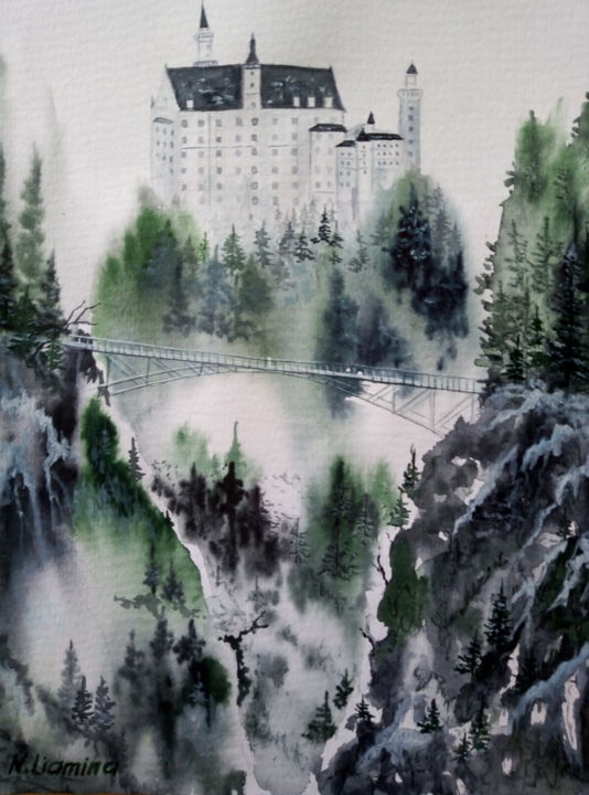 Картина под названием "Замок Нойшванштайн" - Наталья Лямина, Подлинное произведение искусства, Акварель