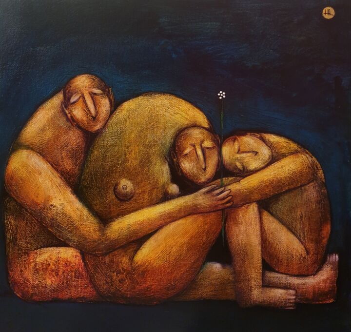 Painting titled "Caring (40x40cm, ac…" by Liana Asatryan, Original Artwork, Acrylic Mounted on Wood Stretcher frame