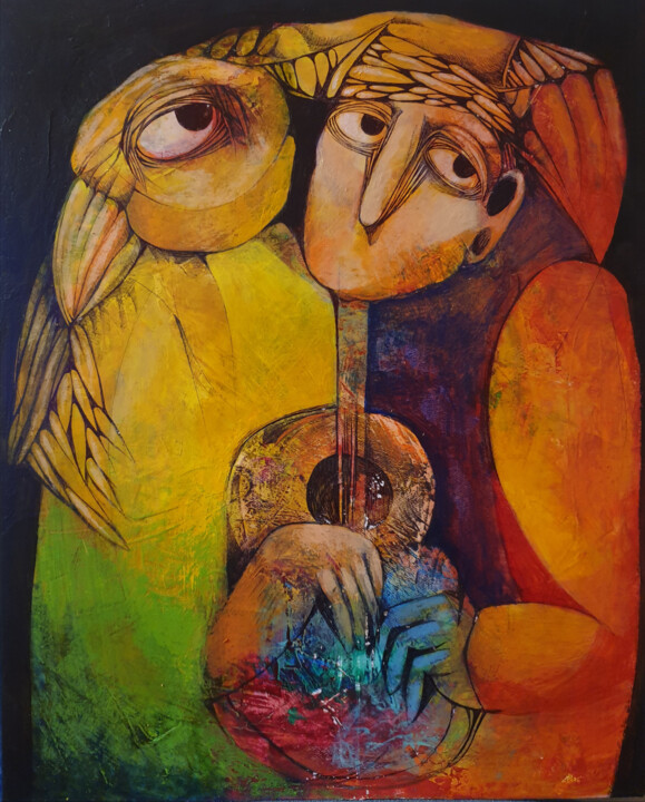 Painting titled "The musician and th…" by Liana Asatryan, Original Artwork, Oil Mounted on Wood Stretcher frame