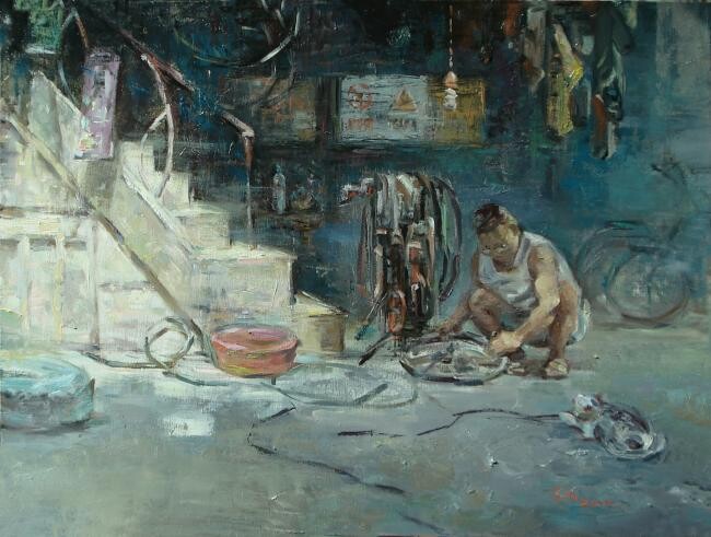 Painting titled "Bicycle Repairman,…" by Liang Yi Er, Original Artwork, Oil